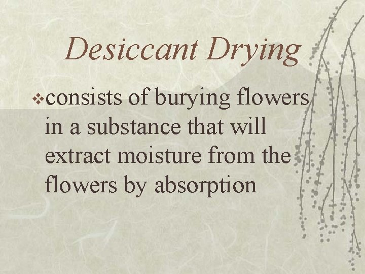 Desiccant Drying vconsists of burying flowers in a substance that will extract moisture from