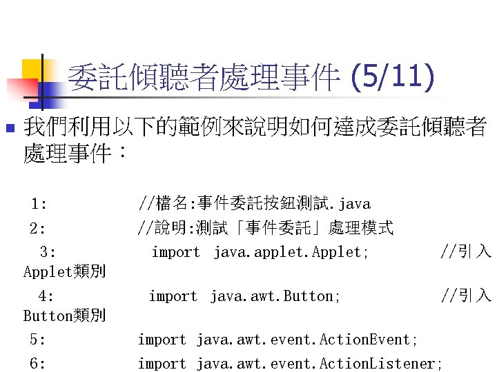 委託傾聽者處理事件 (5/11) n 我們利用以下的範例來說明如何達成委託傾聽者 處理事件： 1: 2: 3: Applet類別 4: Button類別 5: 6: //檔名: