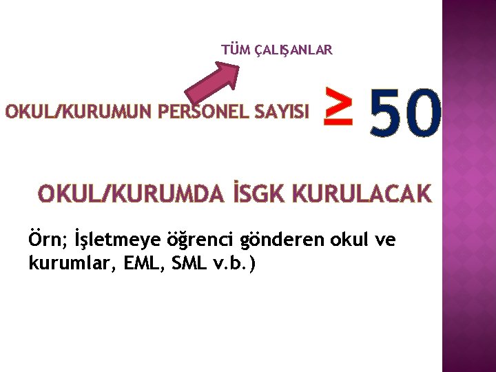 TÜM ÇALIŞANLAR OKUL/KURUMUN PERSONEL SAYISI ≥ 50 OKUL/KURUMDA İSGK KURULACAK Örn; İşletmeye öğrenci gönderen