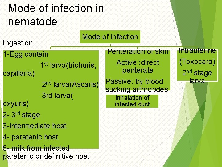 Mode of infection in nematode Ingestion: Mode of infection Penteration of skin 1 -Egg