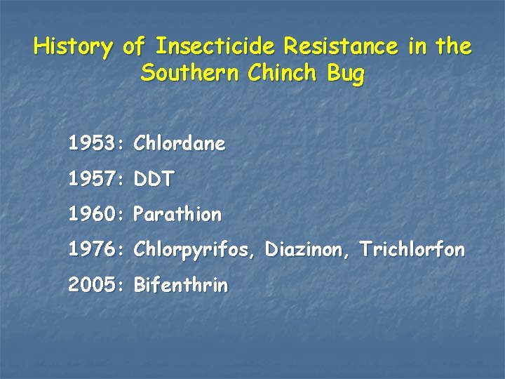 History of Insecticide Resistance in the Southern Chinch Bug 1953: Chlordane 1957: DDT 1960: