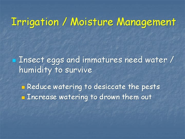 Irrigation / Moisture Management n Insect eggs and immatures need water / humidity to