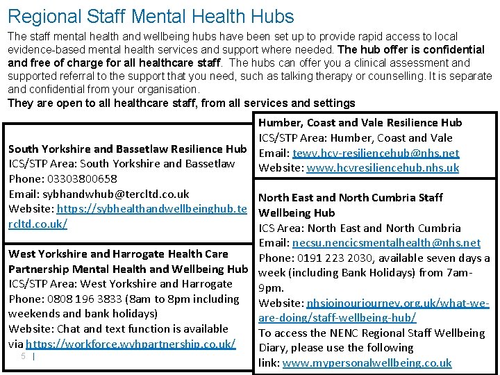 Regional Staff Mental Health Hubs The staff mental health and wellbeing hubs have been