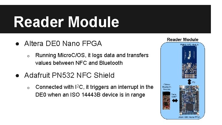 Reader Module ● Altera DE 0 Nano FPGA o Running Micro. C/OS, it logs