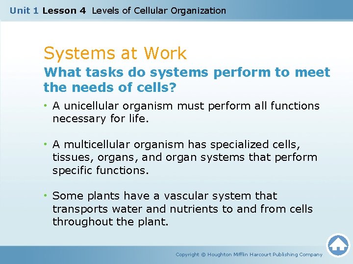 Unit 1 Lesson 4 Levels of Cellular Organization Systems at Work What tasks do