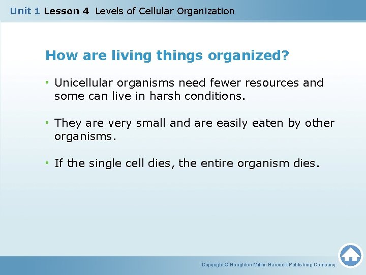 Unit 1 Lesson 4 Levels of Cellular Organization How are living things organized? •