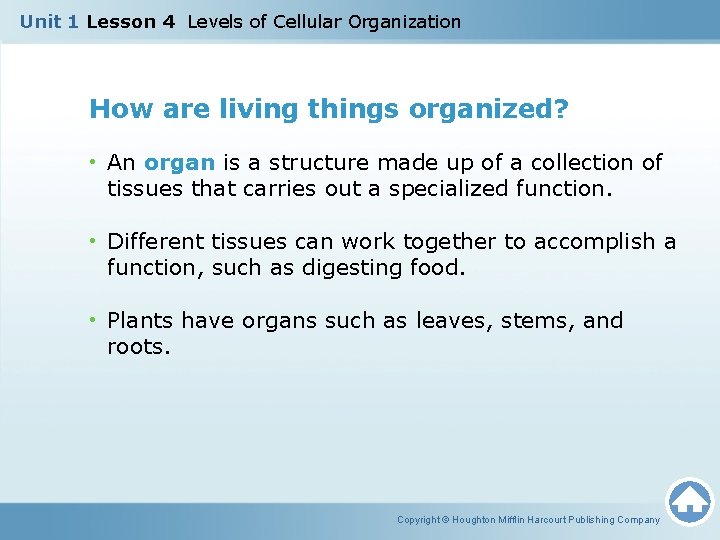 Unit 1 Lesson 4 Levels of Cellular Organization How are living things organized? •