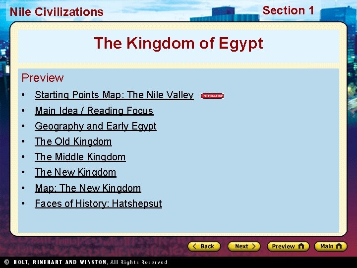 Nile Civilizations Section 1 The Kingdom of Egypt Preview • Starting Points Map: The