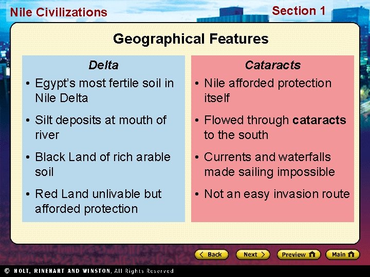 Section 1 Nile Civilizations Geographical Features Delta • Egypt’s most fertile soil in Nile