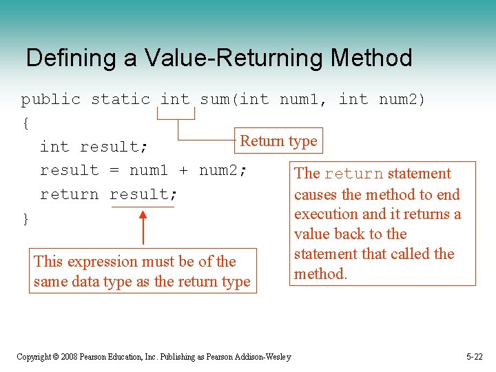Defining a Value-Returning Method public static int sum(int num 1, int num 2) {