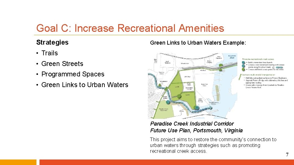 Goal C: Increase Recreational Amenities Strategies Green Links to Urban Waters Example: • Trails