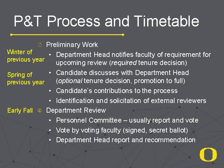 P&T Process and Timetable Preliminary Work Winter of • Department Head notifies faculty of