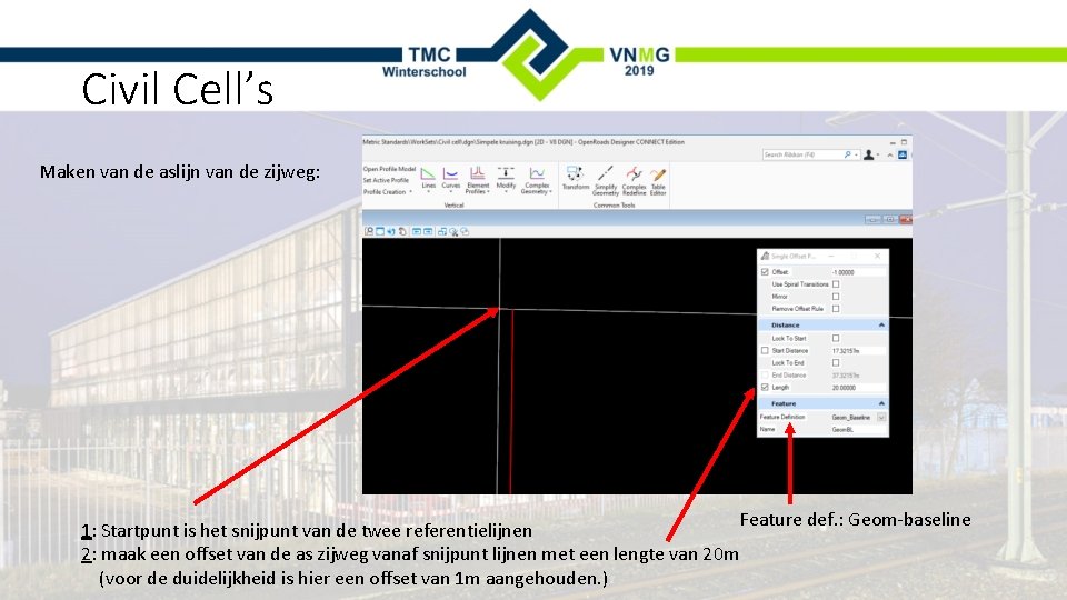 Civil Cell’s Maken van de aslijn van de zijweg: 1: Startpunt is het snijpunt