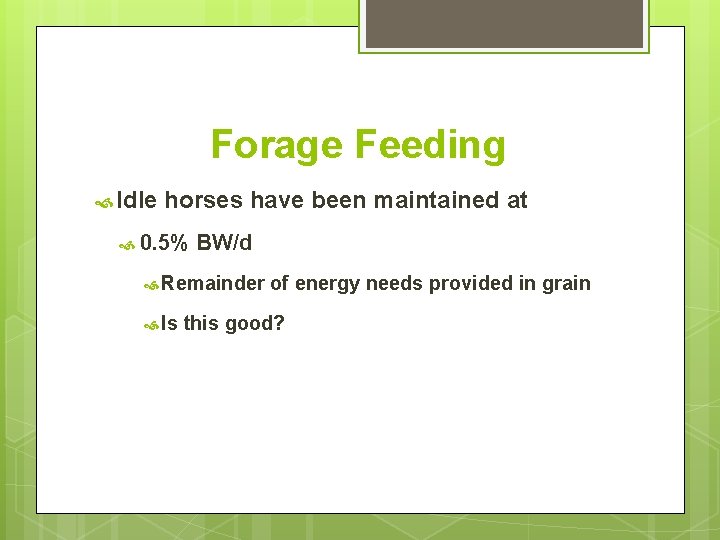 Forage Feeding Idle horses have been maintained at 0. 5% BW/d Remainder Is of