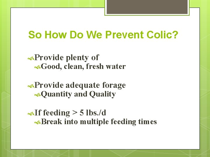 So How Do We Prevent Colic? Provide plenty of Good, clean, fresh water Provide