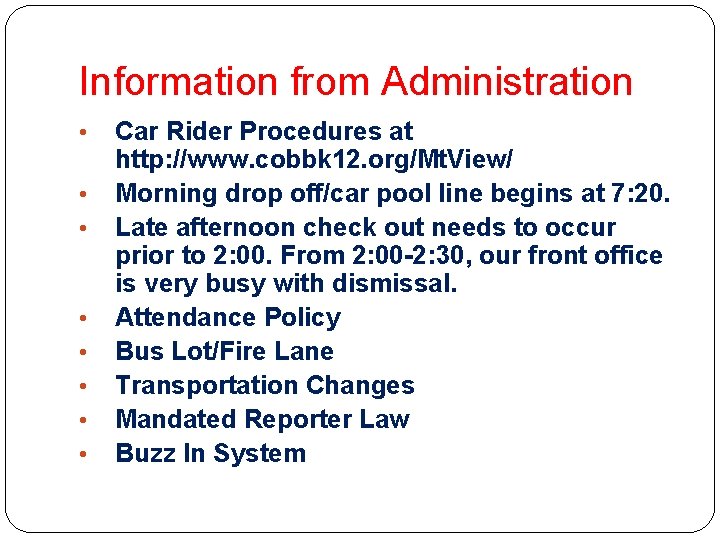 Car Rider Procedures THIRD GRADE CURRICULUM NIGHT The ABCs of 3