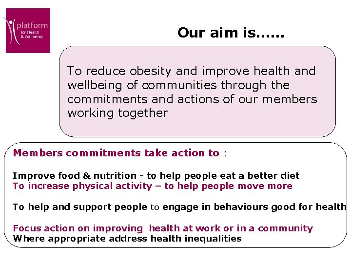 Our aim is…… To reduce obesity and improve health and wellbeing of communities through