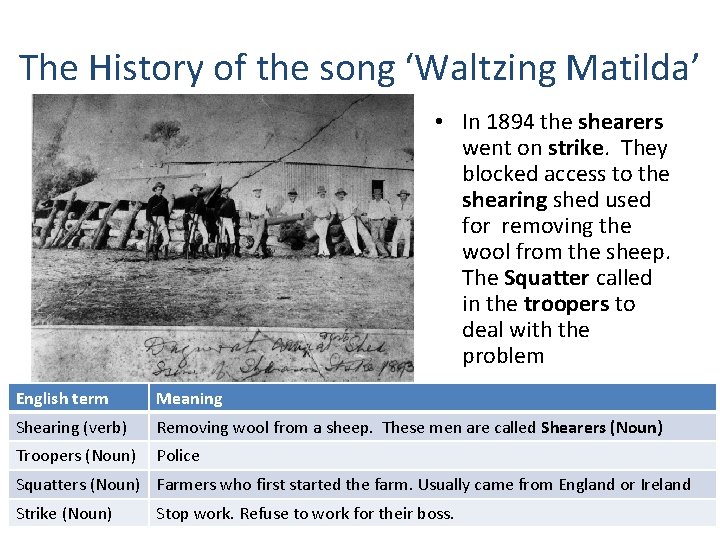 The History of the song ‘Waltzing Matilda’ • In 1894 the shearers went on