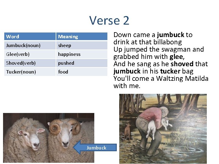 Verse 2 Word Meaning Jumbuck(noun) sheep Glee(verb) happiness Shoved(verb) pushed Tucker(noun) food Down came