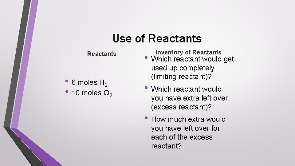 Use of Reactants • 6 moles H 2 • 10 moles O 2 Inventory