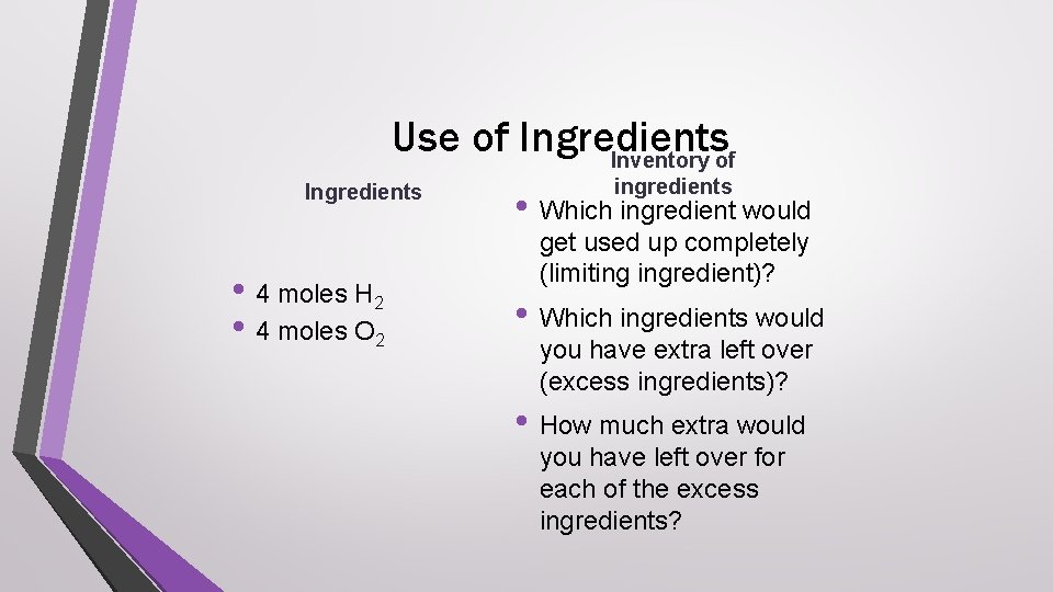 Use of Ingredients Inventory of Ingredients • 4 moles H 2 • 4 moles