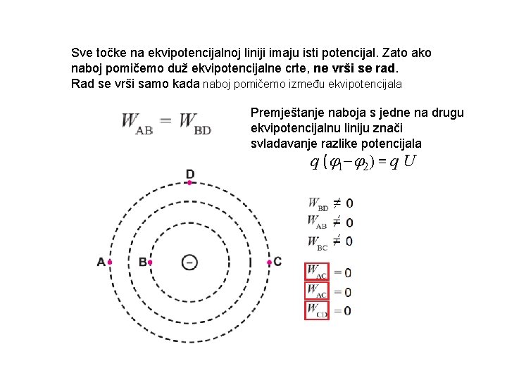 Sve točke na ekvipotencijalnoj liniji imaju isti potencijal. Zato ako naboj pomičemo duž ekvipotencijalne