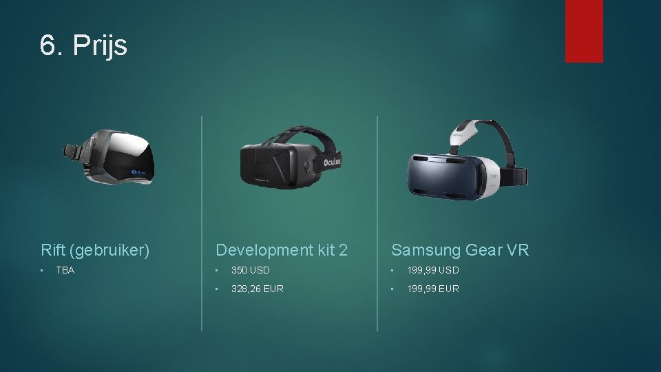 6. Prijs Rift (gebruiker) • TBA Development kit 2 Samsung Gear VR • 350