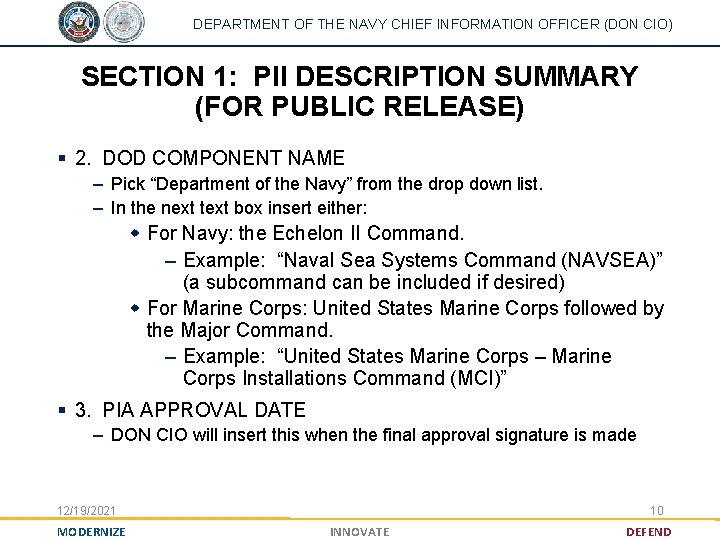 DEPARTMENT OF THE NAVY CHIEF INFORMATION OFFICER (DON CIO) SECTION 1: PII DESCRIPTION SUMMARY