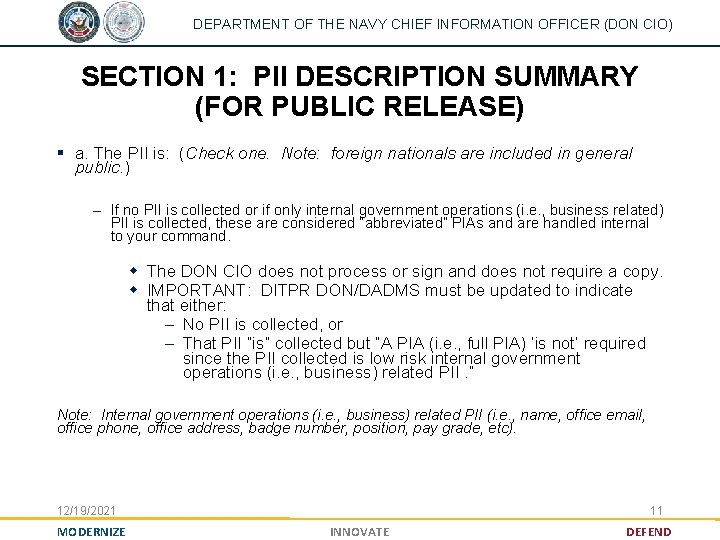 DEPARTMENT OF THE NAVY CHIEF INFORMATION OFFICER (DON CIO) SECTION 1: PII DESCRIPTION SUMMARY