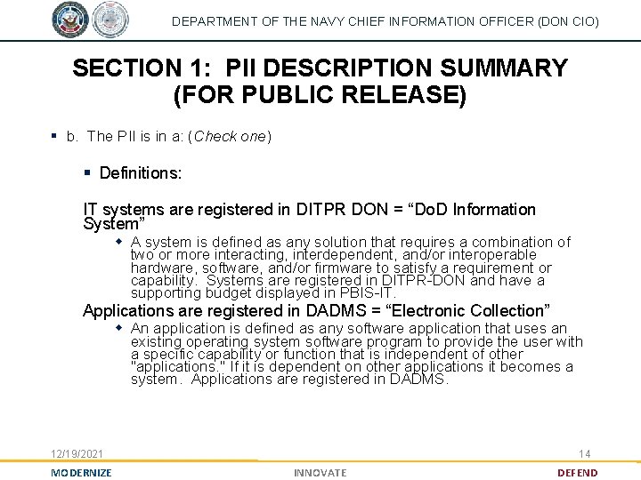 DEPARTMENT OF THE NAVY CHIEF INFORMATION OFFICER (DON CIO) SECTION 1: PII DESCRIPTION SUMMARY