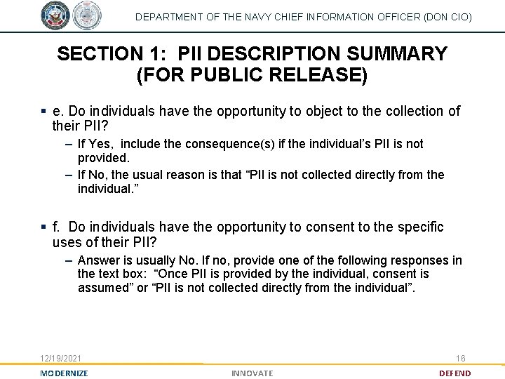DEPARTMENT OF THE NAVY CHIEF INFORMATION OFFICER (DON CIO) SECTION 1: PII DESCRIPTION SUMMARY