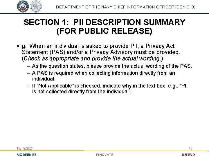 DEPARTMENT OF THE NAVY CHIEF INFORMATION OFFICER (DON CIO) SECTION 1: PII DESCRIPTION SUMMARY