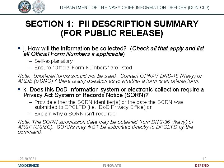 DEPARTMENT OF THE NAVY CHIEF INFORMATION OFFICER (DON CIO) SECTION 1: PII DESCRIPTION SUMMARY