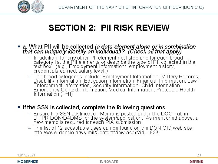 DEPARTMENT OF THE NAVY CHIEF INFORMATION OFFICER (DON CIO) SECTION 2: PII RISK REVIEW