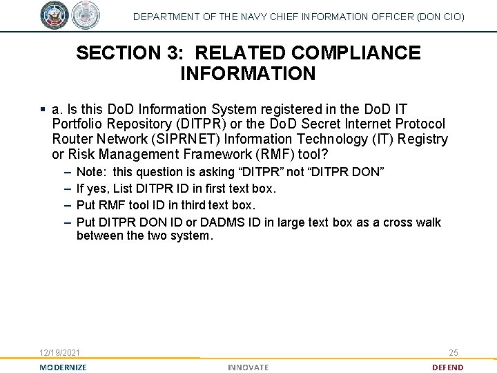 DEPARTMENT OF THE NAVY CHIEF INFORMATION OFFICER (DON CIO) SECTION 3: RELATED COMPLIANCE INFORMATION