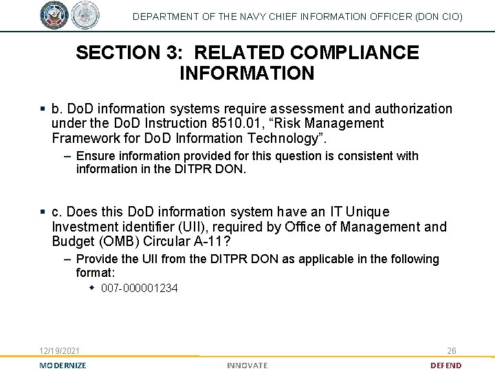 DEPARTMENT OF THE NAVY CHIEF INFORMATION OFFICER (DON CIO) SECTION 3: RELATED COMPLIANCE INFORMATION