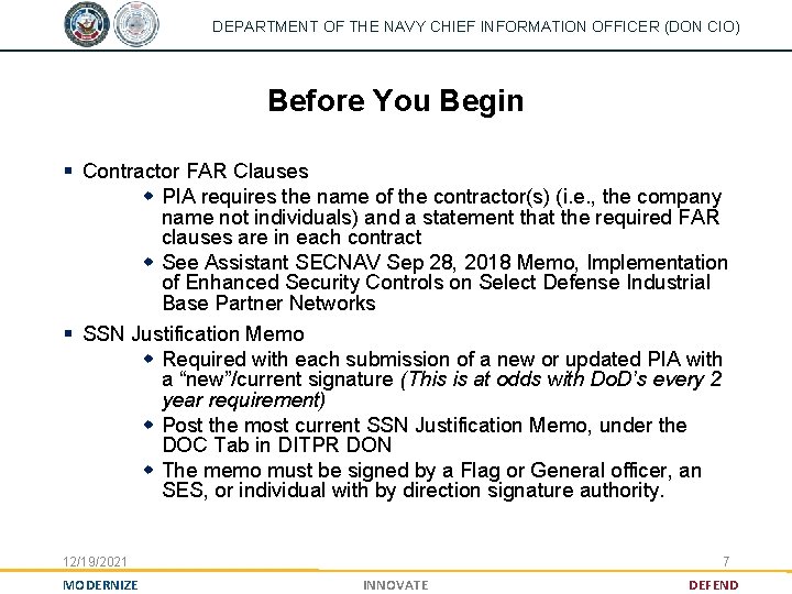 DEPARTMENT OF THE NAVY CHIEF INFORMATION OFFICER (DON CIO) Before You Begin § Contractor