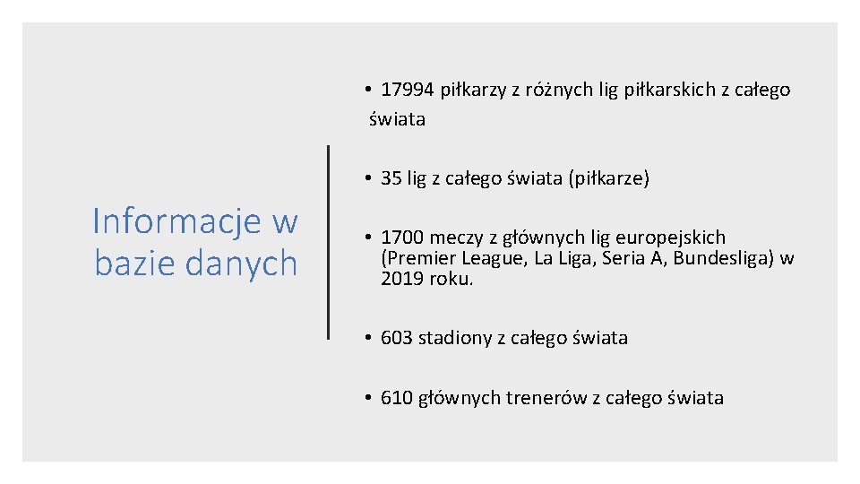  • 17994 piłkarzy z różnych lig piłkarskich z całego świata • 35 lig