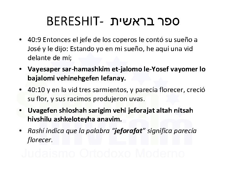 BERESHIT- ספר בראשית • 40: 9 Entonces el jefe de los coperos le contó