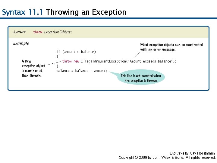 Syntax 11. 1 Throwing an Exception Big Java by Cay Horstmann Copyright © 2009