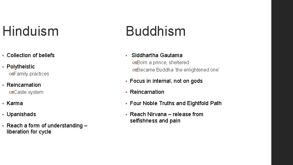 Hinduism • • Collection of beliefs Buddhism • Born a prince, sheltered Became Buddha