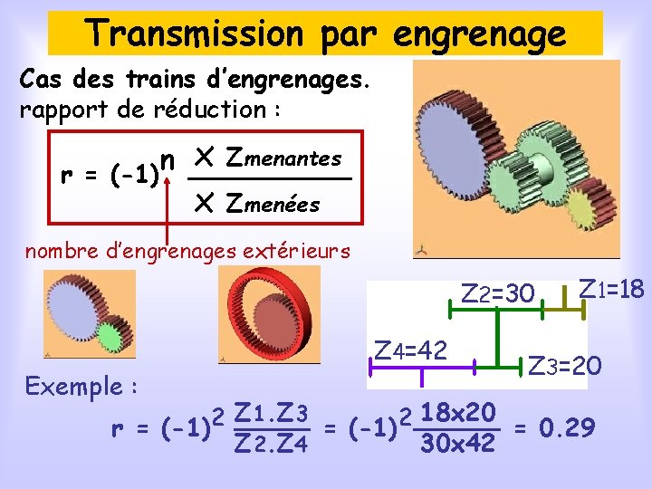 Transmission par engrenage Cas des trains d’engrenages. rapport de réduction : n r =