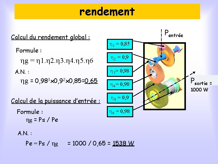rendement Calcul du rendement global : Formule : hg = h 1. h 2.
