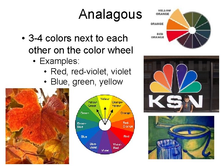 Analagous • 3 -4 colors next to each other on the color wheel •