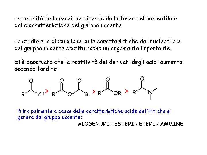 La velocità della reazione dipende dalla forza del nucleofilo e dalle caratteristiche del gruppo