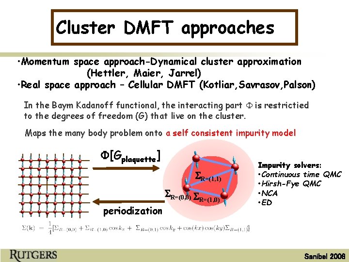 Cluster DMFT approaches • Momentum space approach-Dynamical cluster approximation (Hettler, Maier, Jarrel) • Real