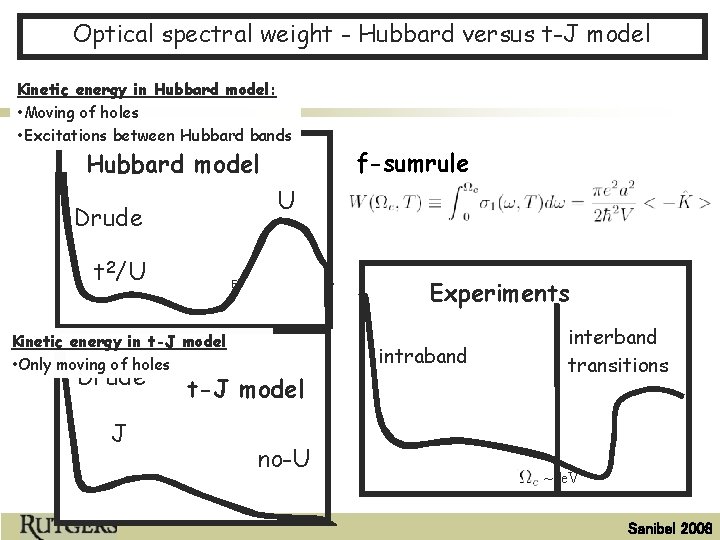 Optical spectral weight - Hubbard versus t-J model Kinetic energy in Hubbard model: •