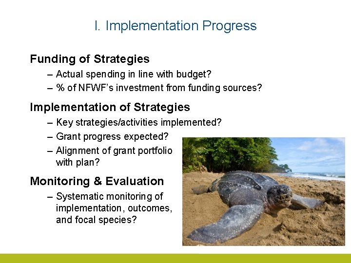 I. Implementation Progress Funding of Strategies – Actual spending in line with budget? –