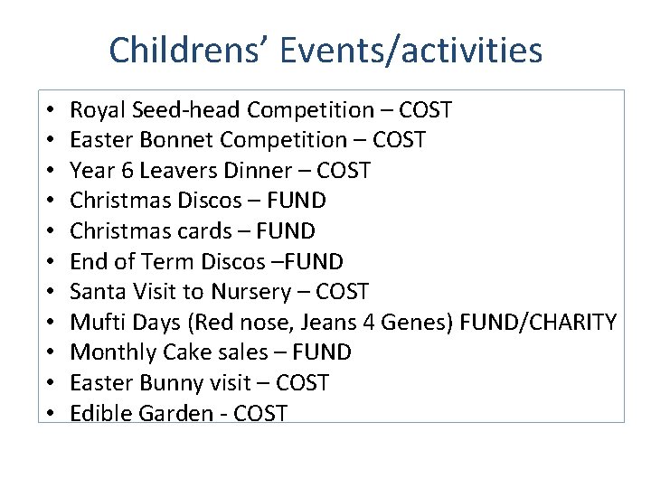 Childrens’ Events/activities • • • Royal Seed-head Competition – COST Easter Bonnet Competition –