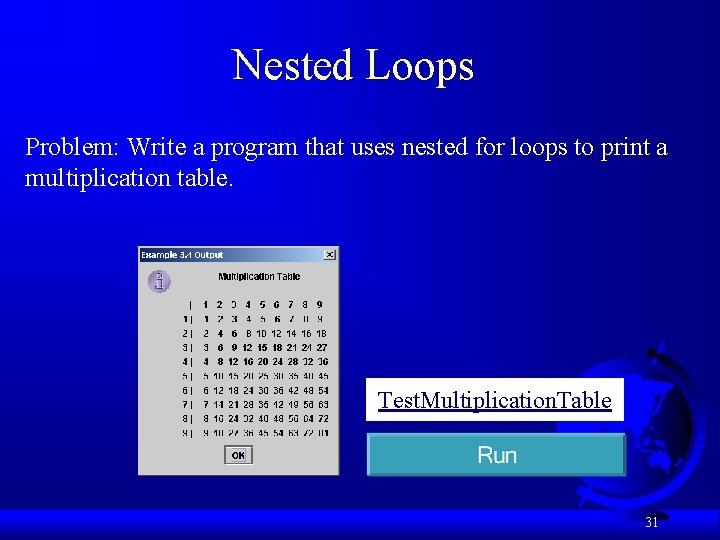 Nested Loops Problem: Write a program that uses nested for loops to print a